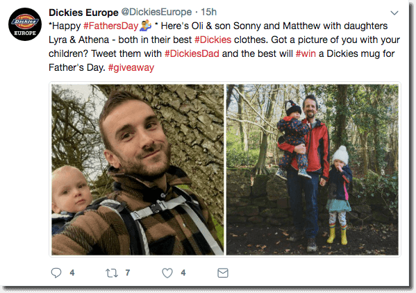 Father's Day promotion ideas on Twitter. A clothing brand shares photos of a dad and two young children wearing the brand. Users are invited to tweet their own pictures in order to enter a Father's Day prize draw.