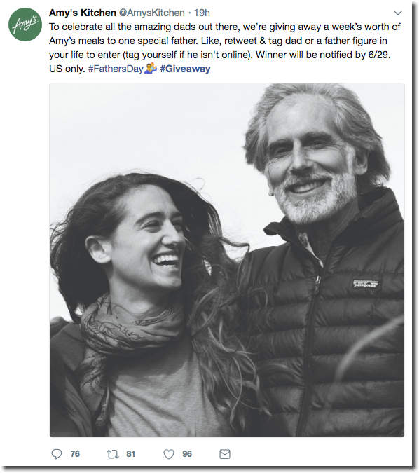 Father's Day promotion ideas on Twitter. A black and white image shows a father and daughter laughing together. The text announces a giveaway of a week's worth of food to a father. Children sign their dads up by tagging them in the photo.