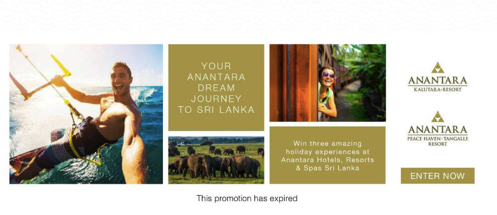 Screenshots from an Easypromos promotion, advertizing a holiday experience in Sri Lanka.