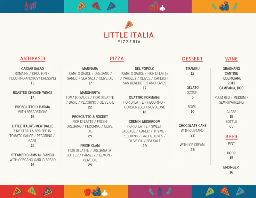 Example of a Little Italia Pizzeria menu, available digitally and in print.
