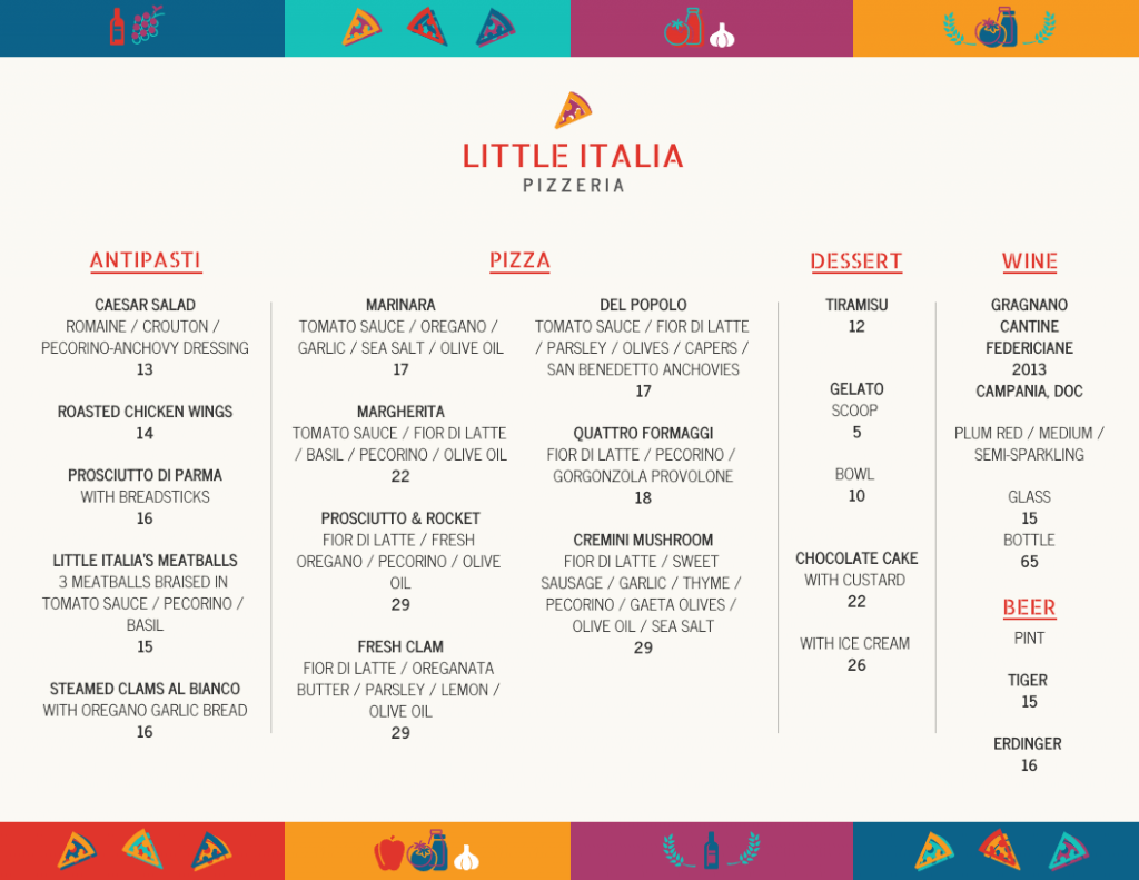 Example of a Little Italia Pizzeria menu, available digitally and in print.