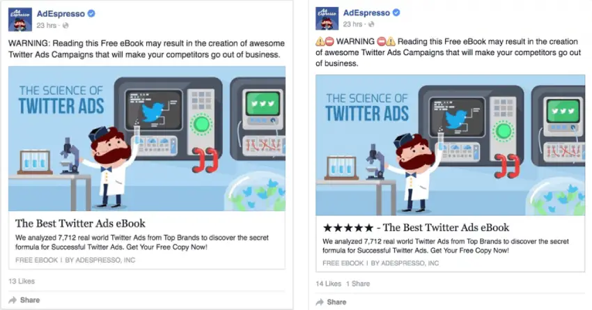 Side-by-side comparison of 2 Facebook Ads by AdEspresso. The first post has 2 lines of text and an illustrated link, with 13 likes. The second post has the same text and link, but with emoji added. It has 14 likes and 1 share.