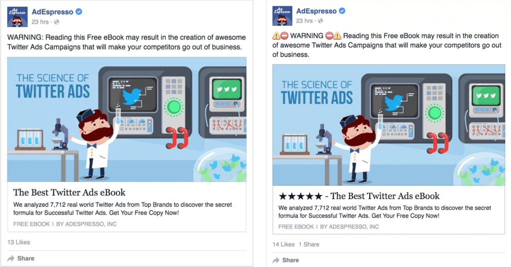 Side-by-side comparison of 2 Facebook Ads by AdEspresso. The first post has 2 lines of text and an illustrated link, with 13 likes. The second post has the same text and link, but with emoji added. It has 14 likes and 1 share.