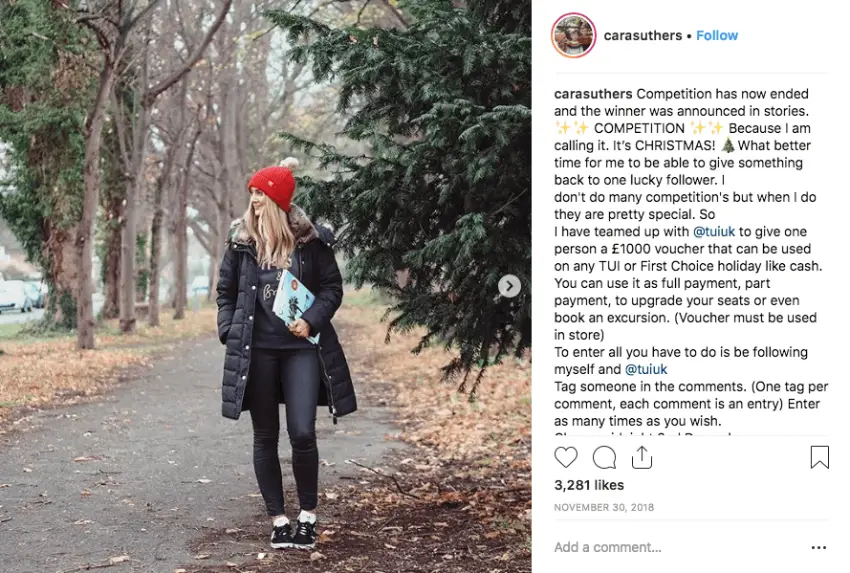 Giveaways with collaborators: image of influencer Instagram post sponsored by travel brand