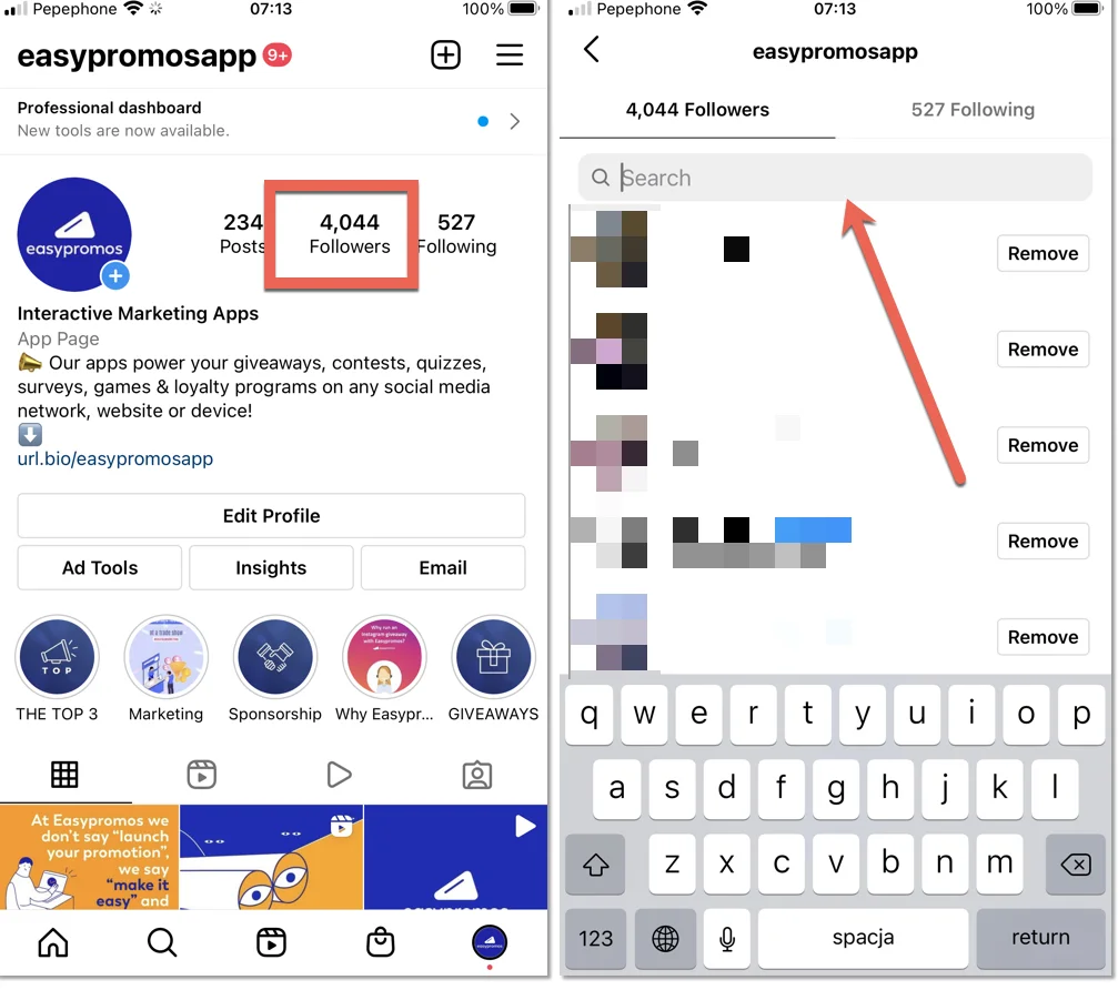 screenshot showing how to check if the winner of your giveaway is also your follower
