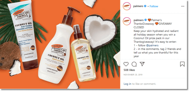 Screenshot of the Palmer instagram giveaway. Proven ecommerce practices