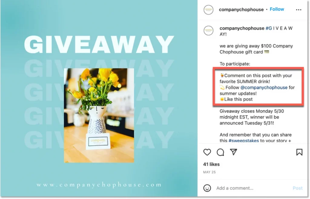 choose winner from instagram followers. example of a giveaway organized by company chophouse for followers