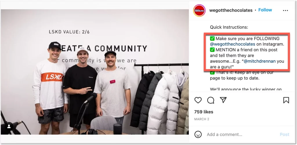 instagram giveaway example of a promotion organized for followers