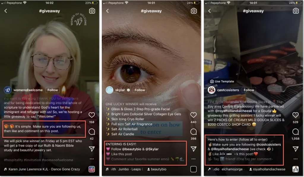 three different examples of Instagram reel giveaway