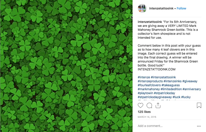 Instagram post announcing an St Patrick's Day giveaway. The image shows lots of small green shamrocks