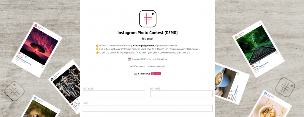 Screenshot of an Instagram photo contest demo. The entry form asks users to post their photos on Instagram, then share their name, email address, and consent to the brand using their content.