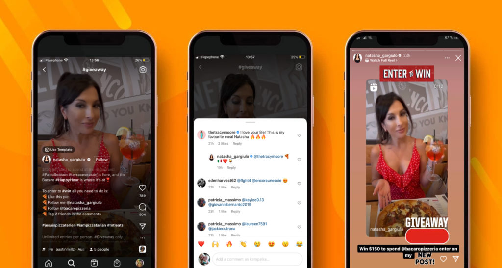 Screenshots of Instagram Reels giveaway showing comments and how the creator promoted the giveaway on Stories.