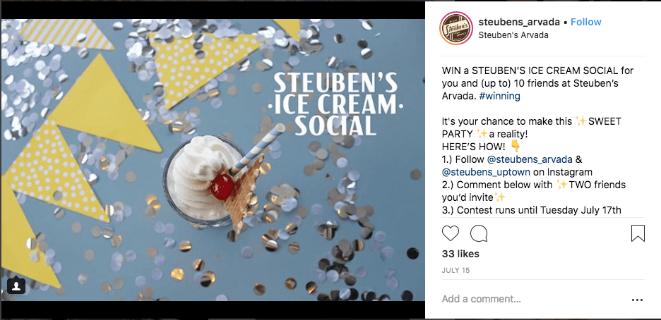 Instagram giveaways for restaurants. The screenshot shows an ice cream sundae, yellow bunting and silver confetti against a blue background. The overlay text reads, "Steuben's ice cream social". The caption invites users to follow and comment for the chance to win a social for 10 people.