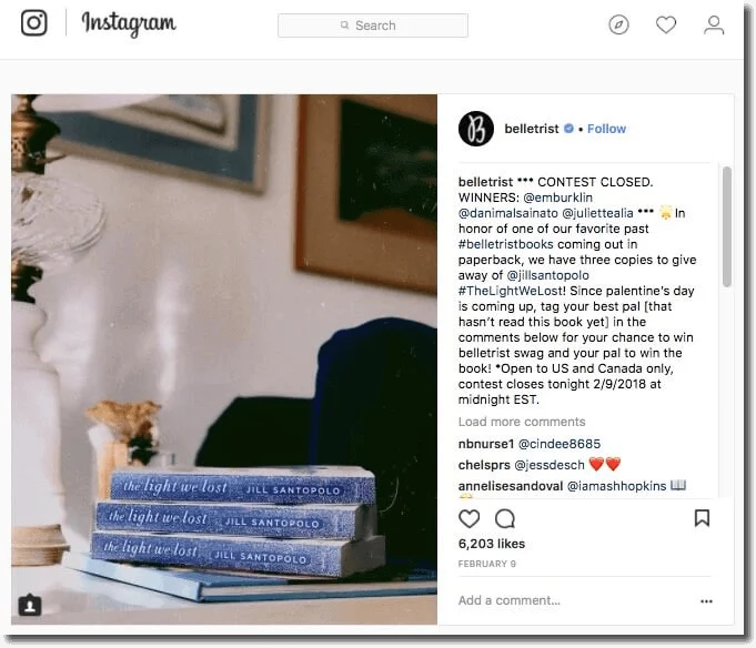 Instagram post announcing a giveaway of 3 copies of The Light We Lost. Users have to tag a friend in the comments to win.