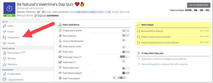 Screenshot of the Easypromos control panel for a promotion. The integrations tab is highlighted on the left hand side.