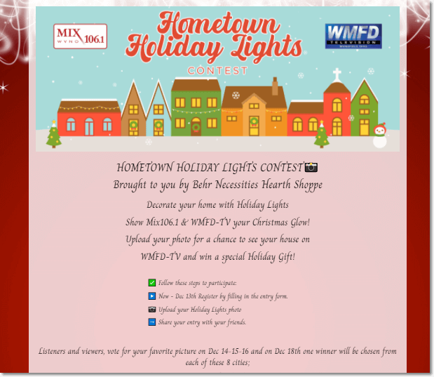 Screenshot of the Hometown Holiday Lights contest from WMFD-TV. Users upload a photo for the chance to be featured on TV and win a holiday gift from a homeware store.