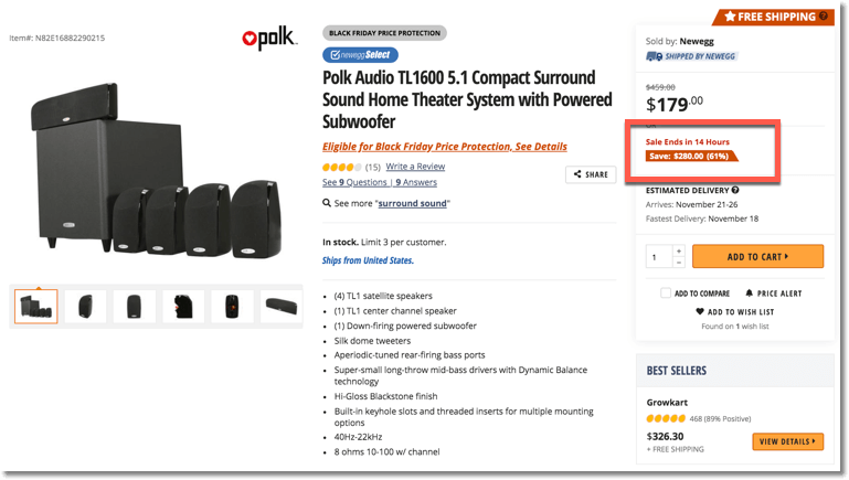 Screenshot of a limited time promotion from Newegg. Proven ecommerce practices