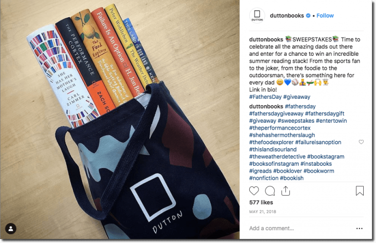 This publisher ran a Father's Day giveaway on Instagram. Users follow the link in bio to a registration form. The image in the Instagram post shows the prize: a branded tote bag and 5 books. Father's Day Instagram giveaway idea for 2021.