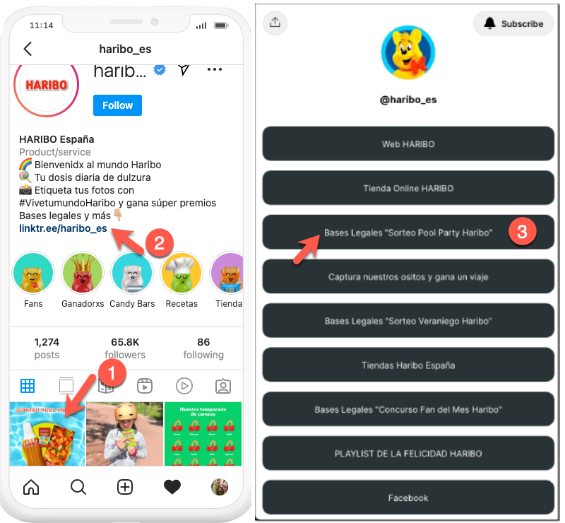 screenshot showing how Haribo uses link in bio to share various links