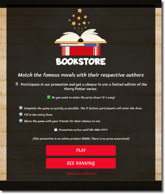 Example of a World Book Day promotion that can be created with Easypromos apps. Match it game