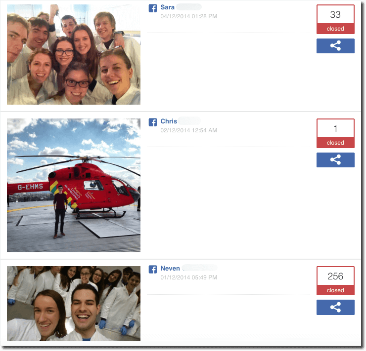 Gallery of entries in the medical students' photo contest for World Health Day. The first image shows a crowd of young people in white coats. It has 33 votes. The second image shows a young man standing in front of a red helicopter ambulance. It has 1 vote. The third image shows a group of medical students in white coats and blue latex gloves. It has 256 votes.