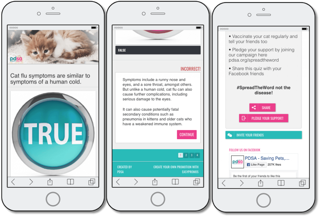 3 screenshots showing a quiz question, an explanation of a quiz answer, and the end of the quiz with tips for cat owners.