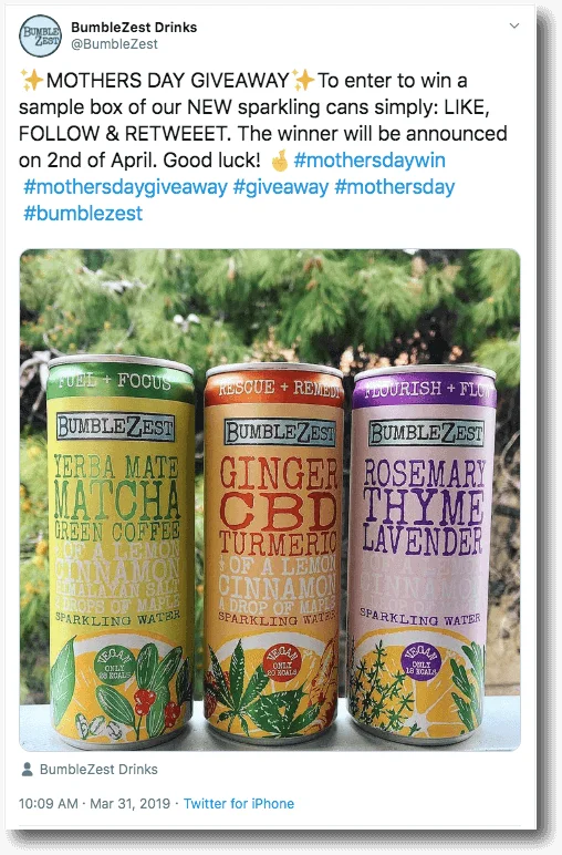 mother's day giveaway on Twitter, example from BumbleZest Drinks