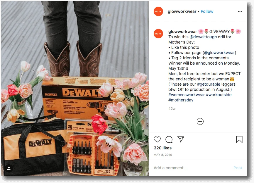 Mother's day comment giveaway on Instagram by Glow Worker and DeWalt