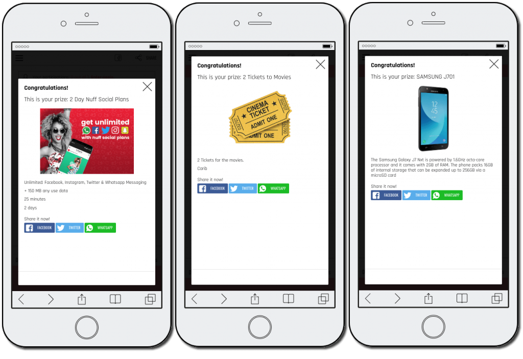 3 screenshots from a multiple prize giveaway. In the first mobile screenshot, the user has won a free mobile plan. The second screenshot shows that a user has won cinema tickets. The third screenshot shows a mobile phone as the prize.