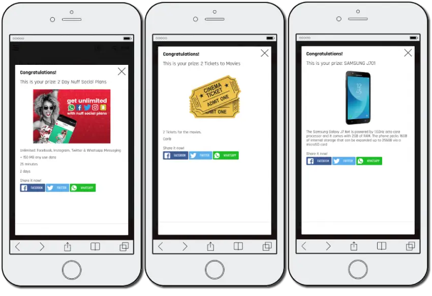 3 screenshots from a multiple prize giveaway. In the first mobile screenshot, the user has won a free mobile plan. The second screenshot shows that a user has won cinema tickets. The third screenshot shows a mobile phone as the prize.