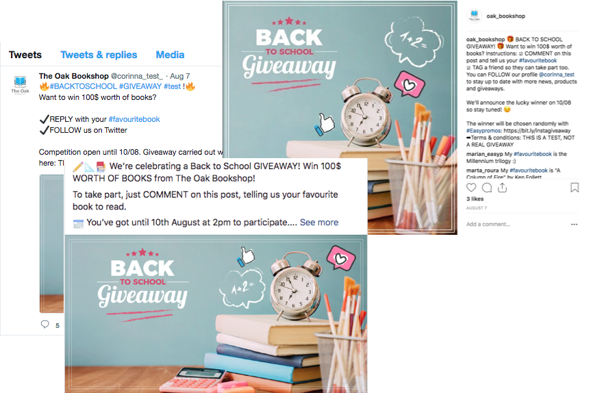 screenshots of a multi network giveaway with identical posts on twitter instagram and - follow us on twitter facebook instagram