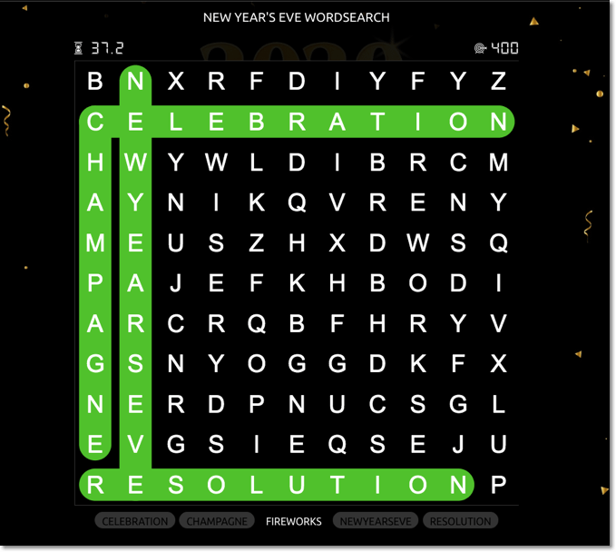 Word search for New Year's Eve promotion ideas