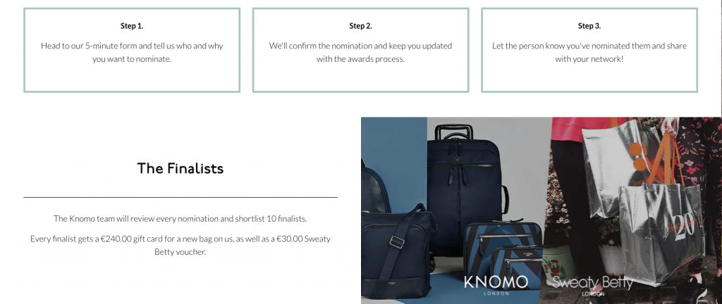 Screenshot of the Knomo Award website, explaining how to nominate women for the prize, and describing gift bags for finalists.