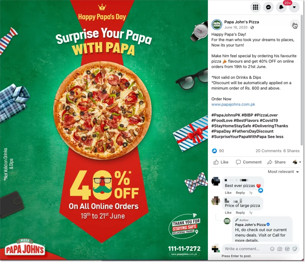 papa john's pizza celebrating Father's Day discount post idea for Facebook