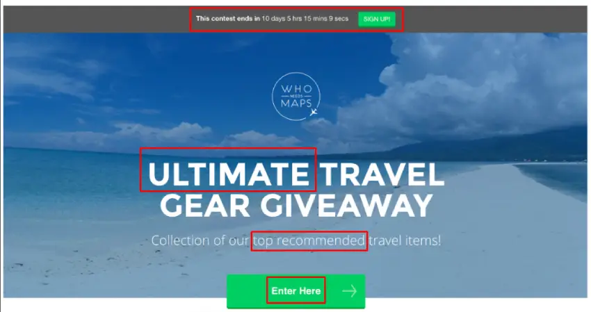 Example of a giveaway landing page. There is a live countdown at the top of the page. The image shows an empty, tropical beach, with the overlay text "Ultimate Travel Gear Giveaway. Collection of our top recommended travel items!". A large green button reads "Enter Here".