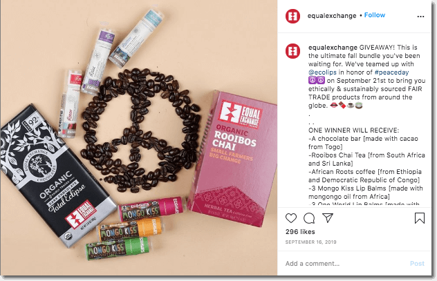 screenshot of an International day of peace social media giveaway on Instagram