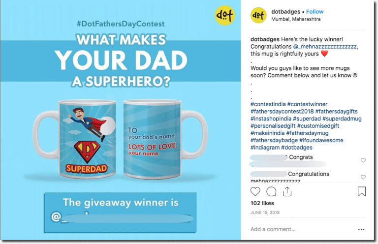 Results of a Father's Day giveaway on Instagram. The image shows the prize - a superhero mug personalized with the name of the winner and their father.