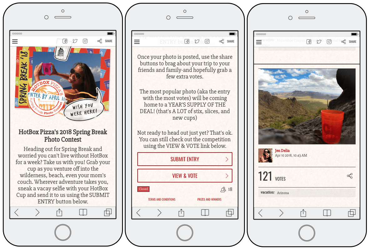 3 mobile screenshots showing a spring photo contest. Users share a vacation selfie with brand merchandise to win free takeaway food for a year. Photo entries are displayed in the gallery.