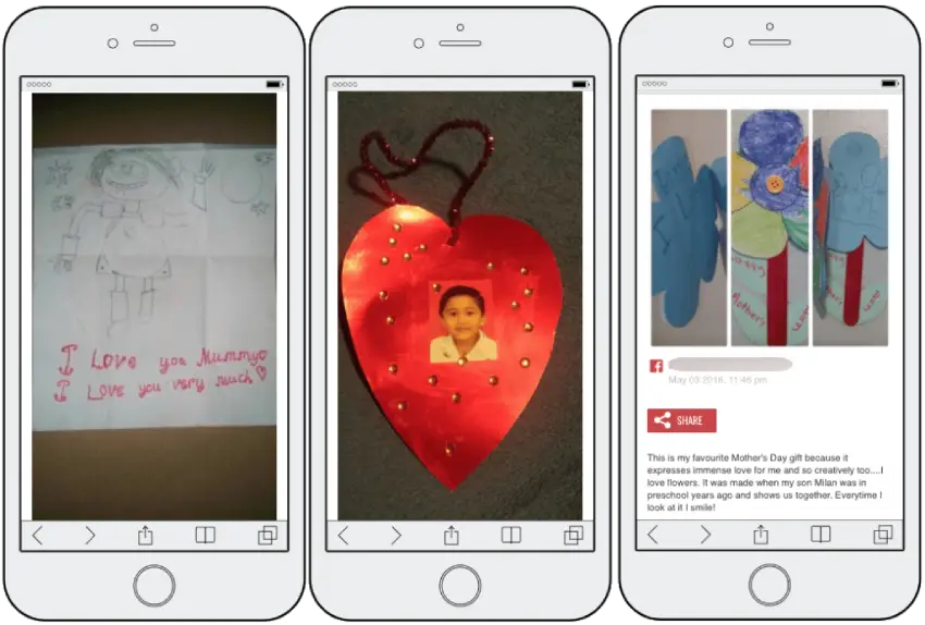 3 entries from the Mother's Day photo contest. From left to right: a stick figure drawing labelled "I love you Mummy, I love you very much"; a red paper heart with a child's photo in the center; and a paper flower with a caption by the mother explaining how the flower was made.
