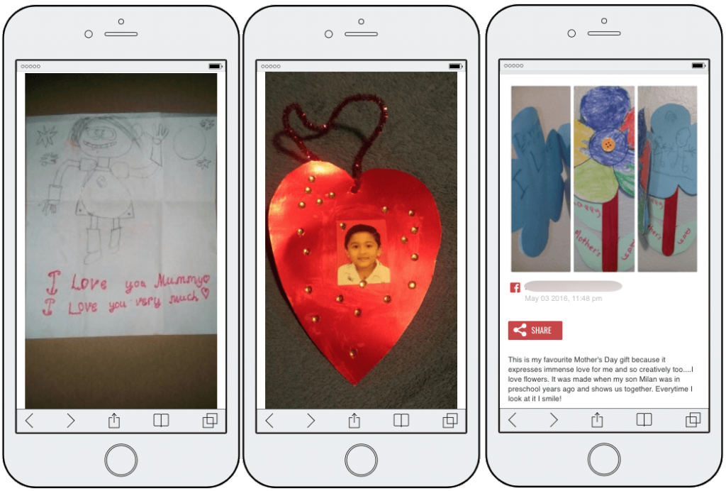 3 entries from the Mother's Day photo contest. From left to right: a stick figure drawing labelled "I love you Mummy, I love you very much"; a red paper heart with a child's photo in the center; and a paper flower with a caption by the mother explaining how the flower was made.