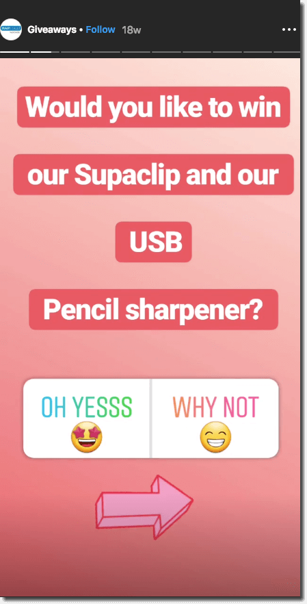Screenshot of Instagram Story with poll and prize announcement.