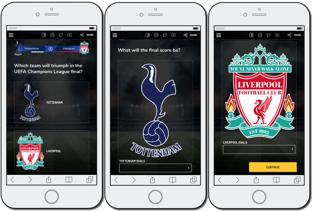 3 mobile screenshots from the Champions League sweepstake generator. Users have to answer 3 questions: which team will win the final, and how many goals will each team score?