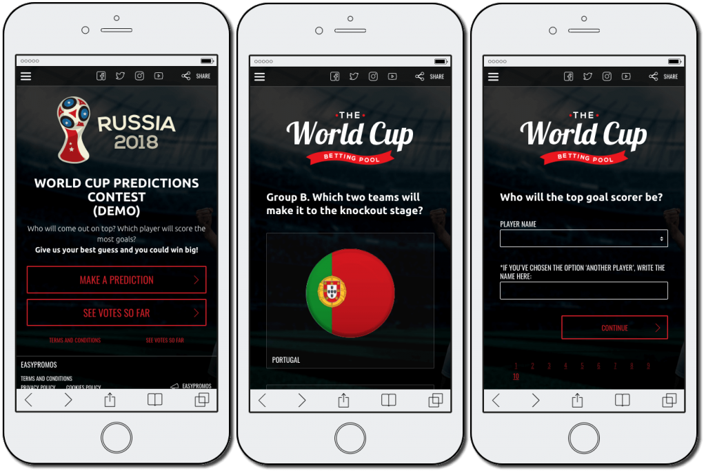 3 screenshots from a World Cup predictions contest. First, users are invited to make a prediction. Second, they are asked to choose which teams in each bracket make it to the knockout stage. Finally, they are asked which player will score the most goals.