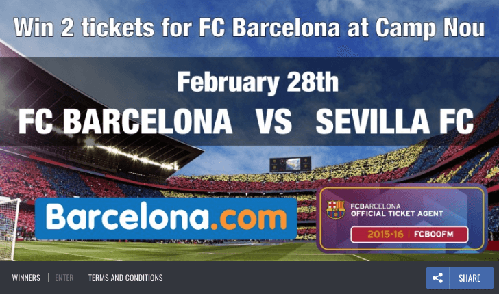 Screenshot of a World Cup promotion offering 2 tickets to see FC Barcelona versus Sevilla FC at the Camp Nou.