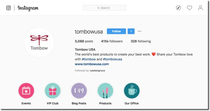 Screenshot of Tombow USA's Instagram profile, with 5608 posts, and 415,000 followers.