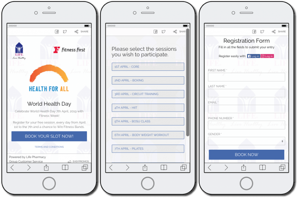 World Health Day campaign ideas: free fitness sessions. The image shows 3 mobile screenshots. The first screenshot announces the giveaway. The second invites users to select their preferred session. The third screen is the registration form, where users share their name, email, phone number, and gender.