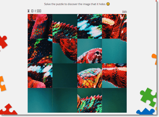 Screenshot of a jigsaw built with Easypromos. Against a background of colorful jigsaw pieces, we see the main game board. The jigsaw has 16 square segments. The hidden picture is of a brightly-colored chameleon against a blue background.