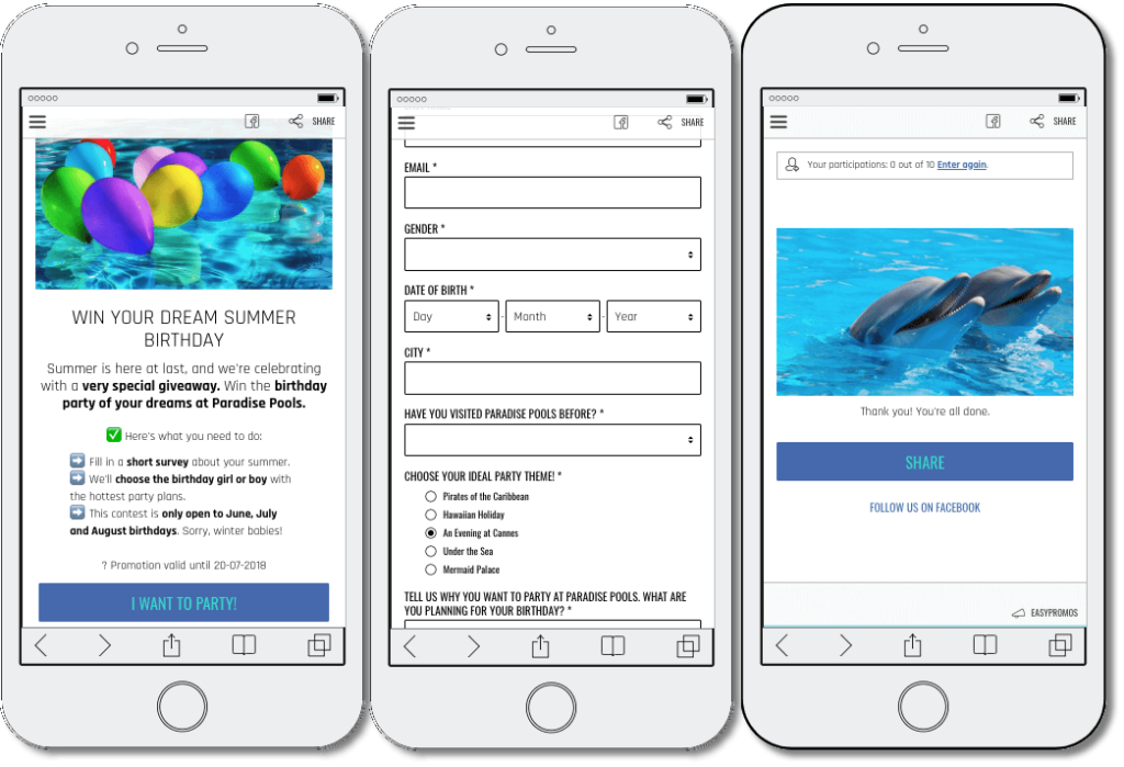3 screenshots from a survey to collect leads. 1: a description of the prize, a summer birthday pool party. 2: a form asking for information such as email, age, gender, and party theme. 3: a screen which thanks the user and invites them to share the promotion online.