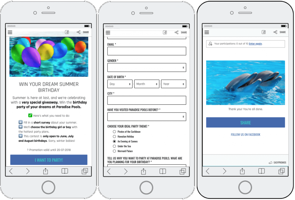 3 screenshots from a survey to collect leads. 1: a description of the prize, a summer birthday pool party. 2: a form asking for information such as email, age, gender, and party theme. 3: a screen which thanks the user and invites them to share the promotion online.