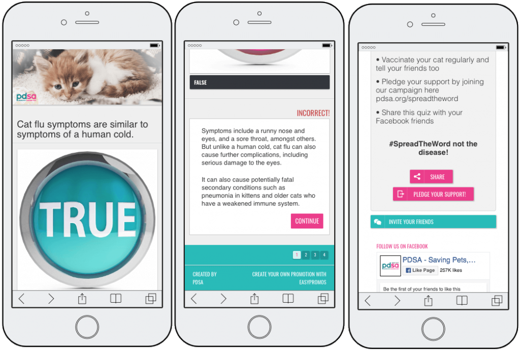 3 screenshots showing a quiz question, an explanation of a quiz answer, and the end of the quiz with tips for cat owners.